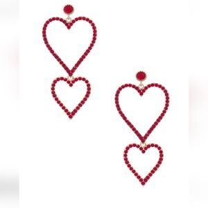 Double red rhinestone hearts Goldtone pierced dangle earrings Love Amour